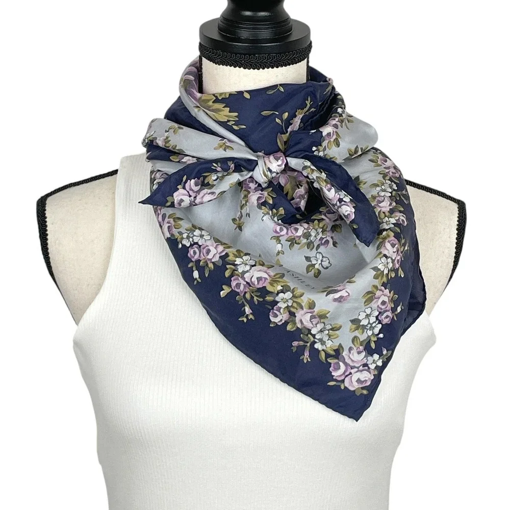VTG Laura Ashley Silk Scarf Blue Floral Square Made in Italy 34x34 Cottagecore